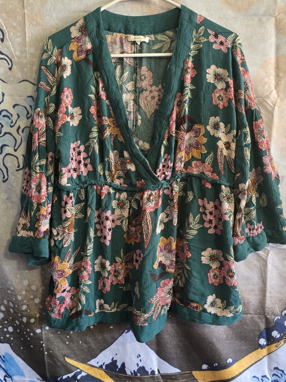 Maurices Green Floral V-Neck Peasant Blouse
